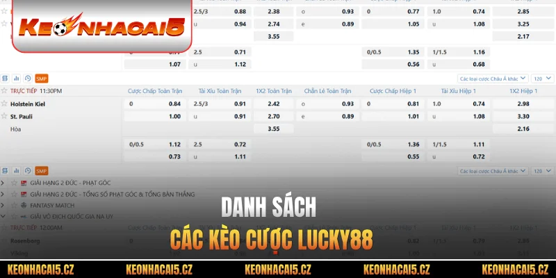 Danh sách các kèo cược Lucky88